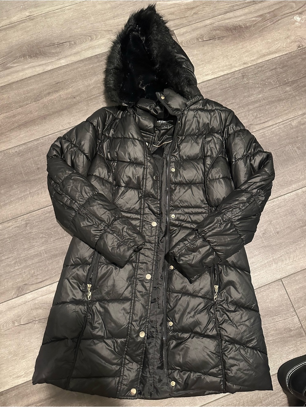 Liz Claiborne Black Quilted Hooded Puffer Coat with Faux Fur Trim